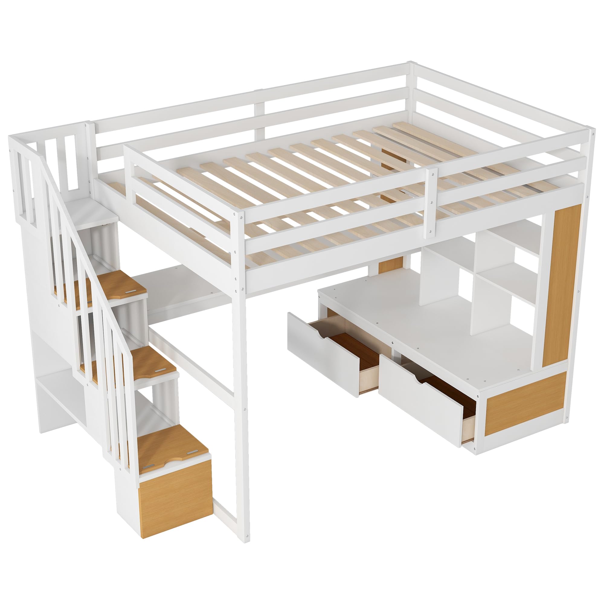 Merax Full Size Wood Loft Bed Frame with 2 Built-in Drawers,Desk,Shelves and Storage Staircase for Bedroom