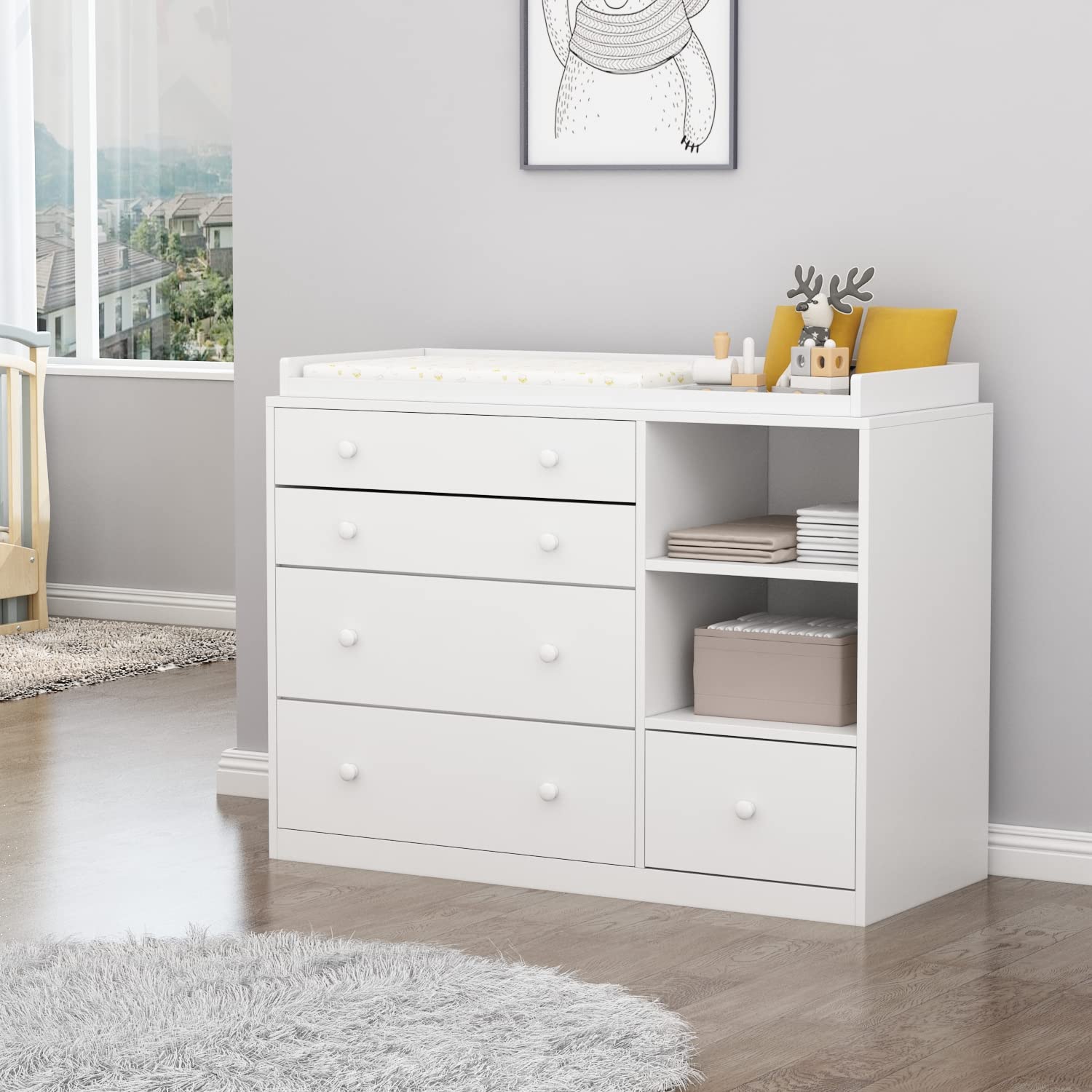 White Nursery Dresser with 5 Drawers and Storage Shelves