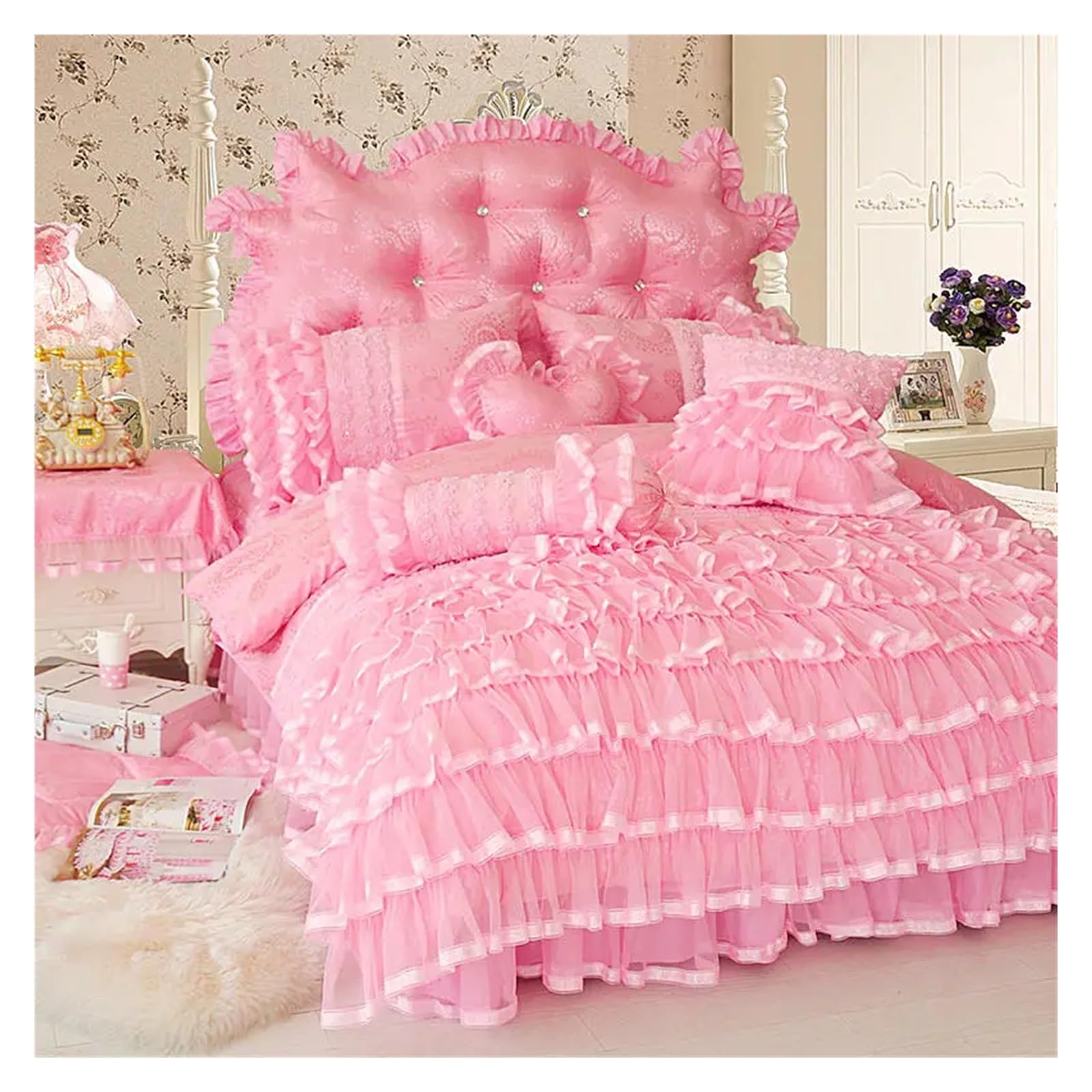 Princess Style Lace Pink Bedding Set Luxury Twin Queen King Size Bed Set