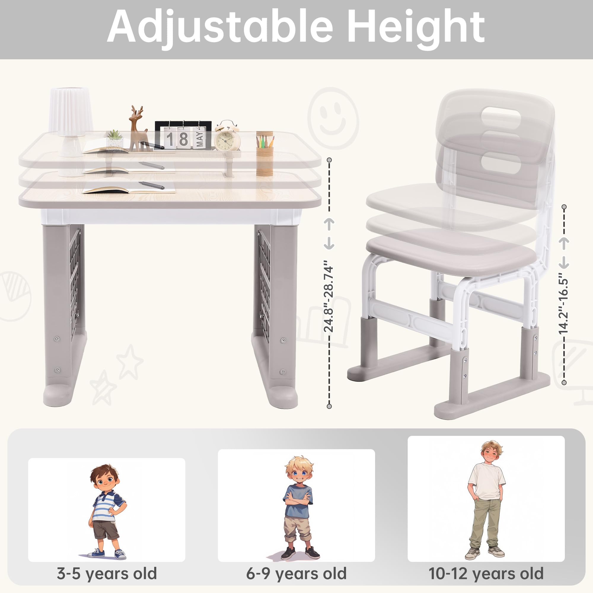 Height Adjustable Kids Desk and Chair Set with Storage