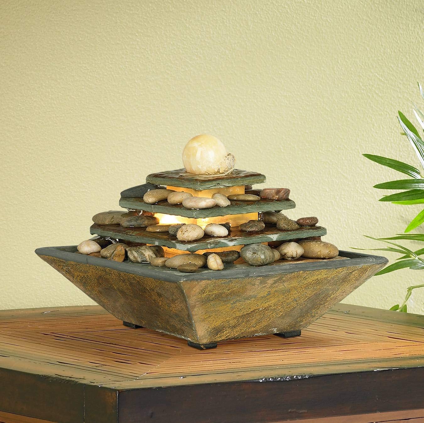 Pyramid Slate Stone Tabletop Fountain with LED Light