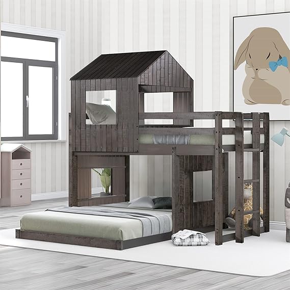 Twin Over Full Bunk Bed Frame, Solid Wood House Bunk Bed with Roof