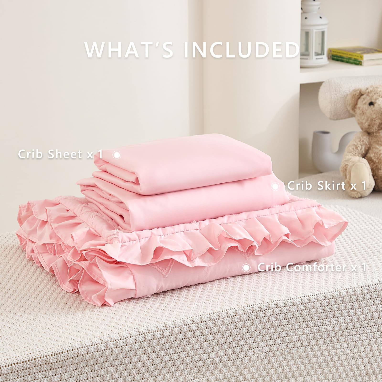 Tufted Ruffle Crib Bedding Set - Pink
