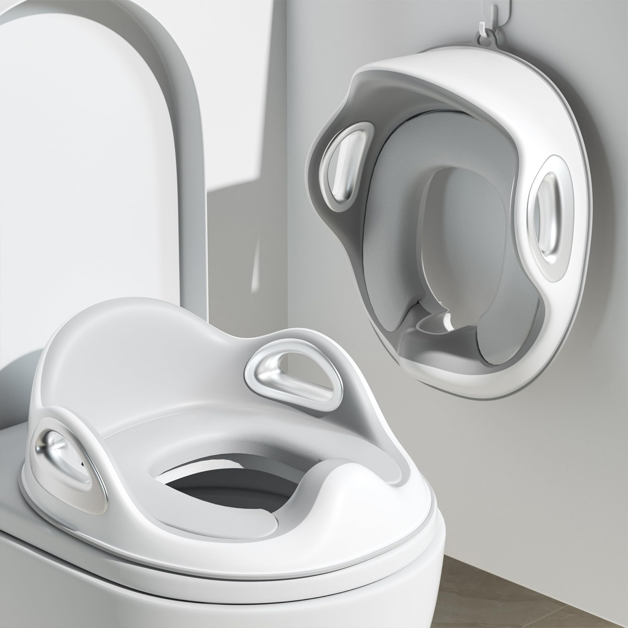 Youocomu Potty Training Toilet Seat, Toddler Toilet Seat Attachment with Safety Handles, Detachable Soft Cushion, Anti-Slip Design and Splash Guard, Baby Toilet Seats for Kids, Boys and Girls (Grey)