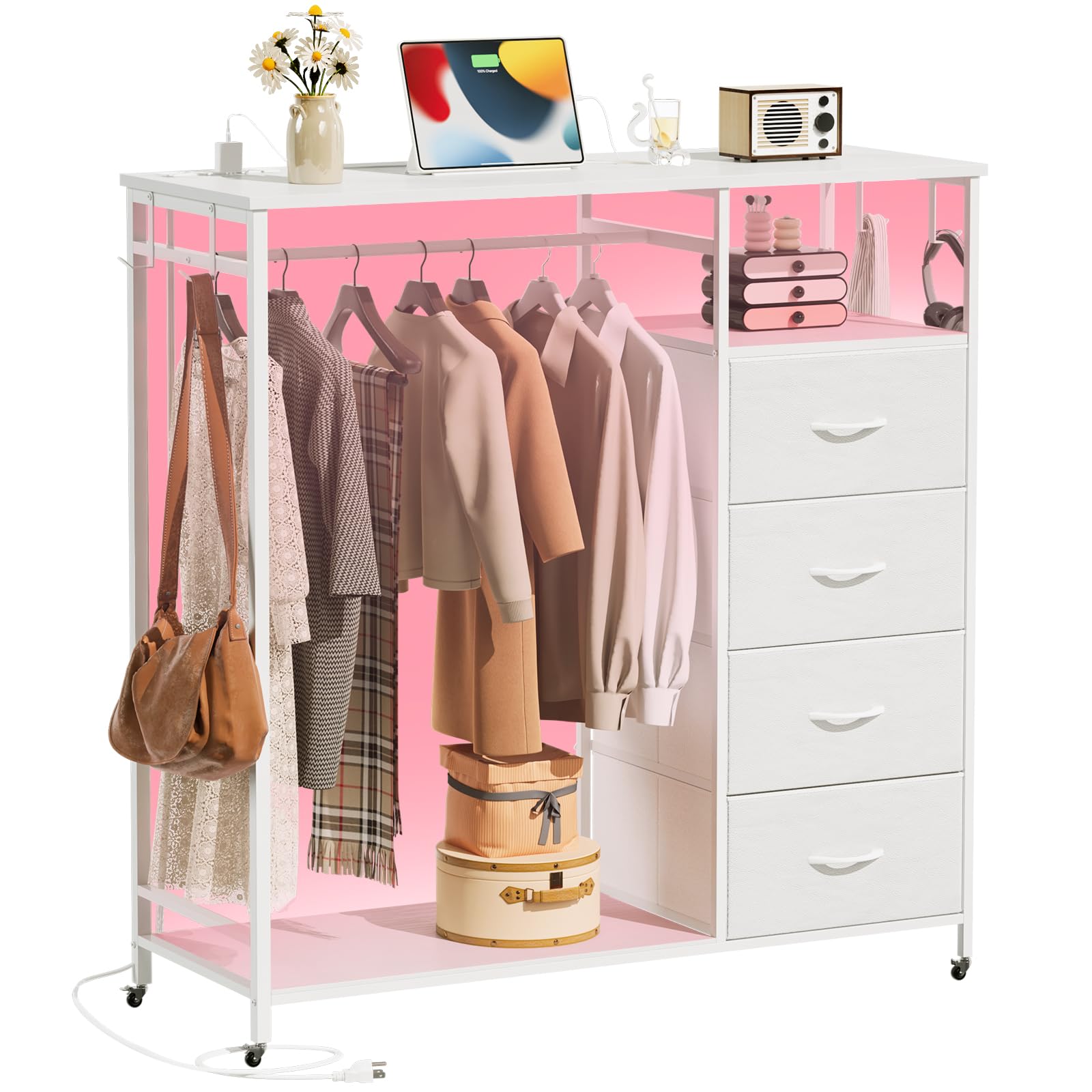 Tall Dresser with Clothes Rack LED Lights and Charging Station