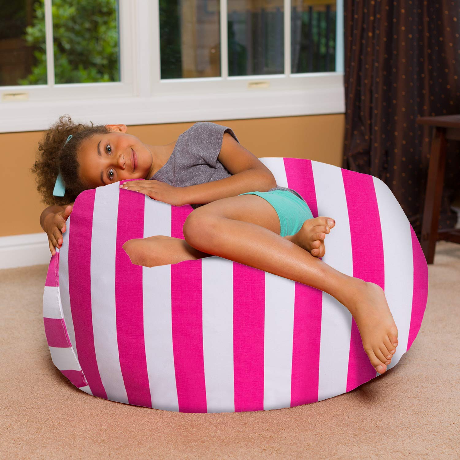 Large Bean Bag Chair with Removable Washable Cover - Pink White Canvas Stripes