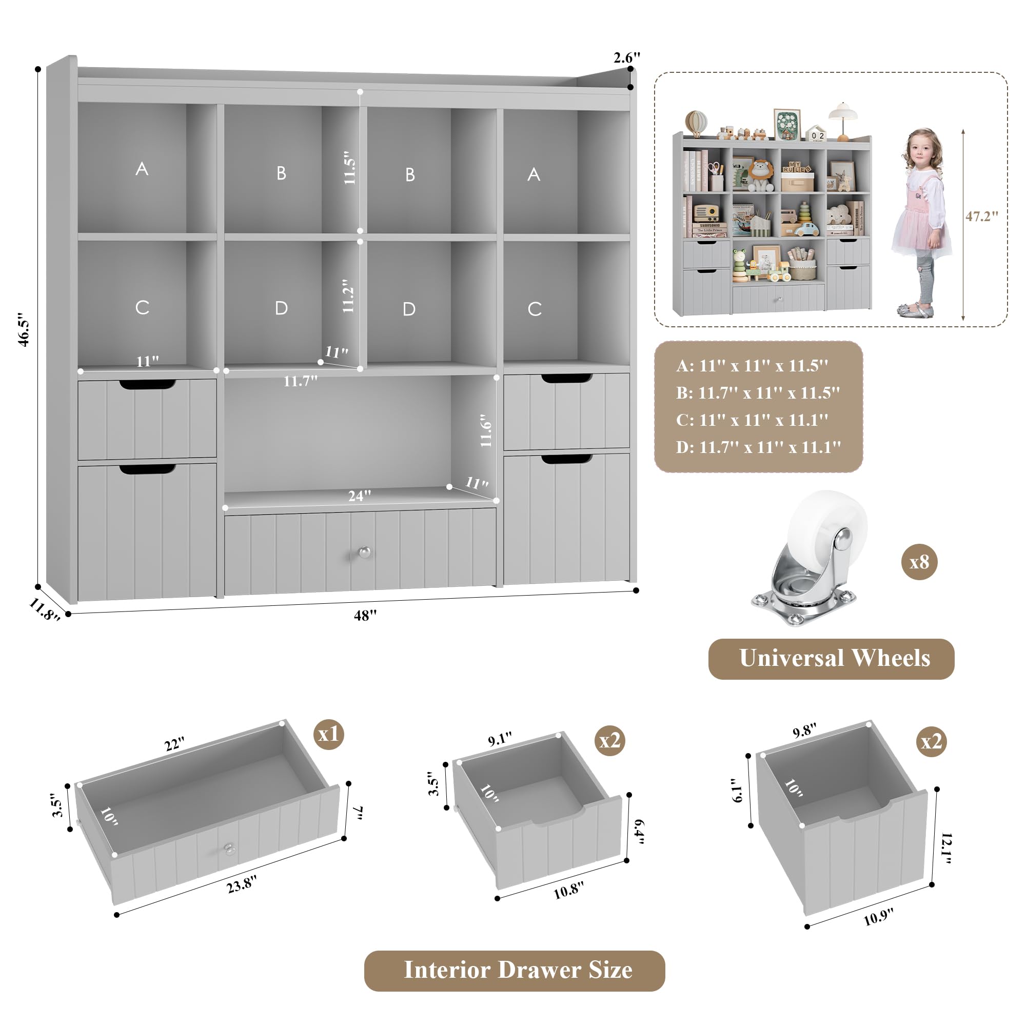 Kids Toy Storage Organizer with Drawers and Bins - 48" Wide Bookshelf