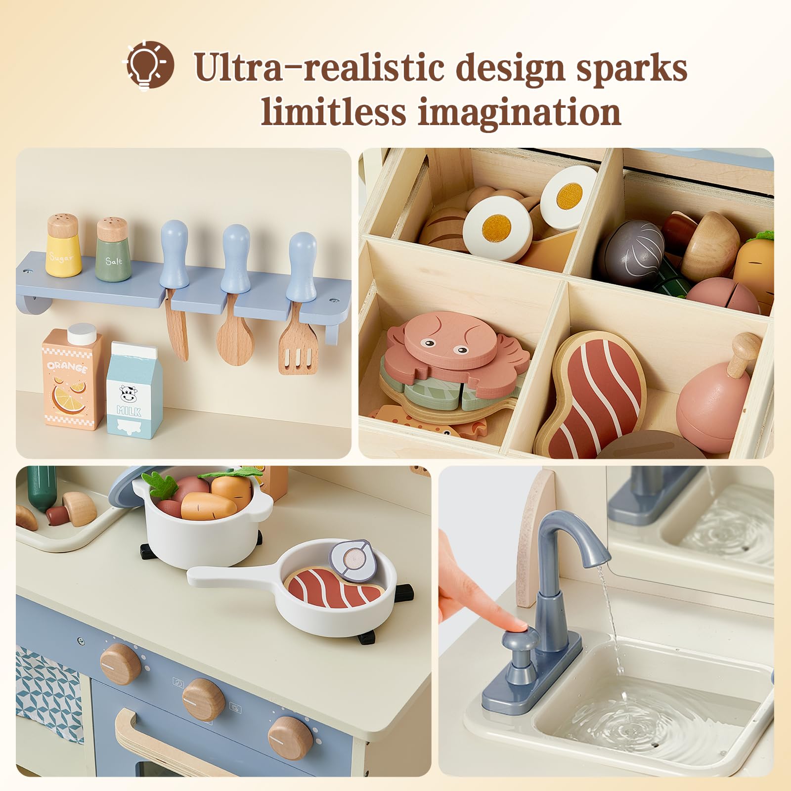 Joylike Wooden Kitchen Playset for Kids, Toddler Play Kitchen with 32Pcs Accessories Cutting Food Set, Stove & Water Sink, Pretend Play Toy for Kids Ages 3+