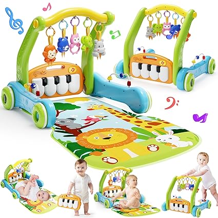 2 in 1 Baby Gym Play Mat with Walker, Kick and Play Piano Gym Activity for Boys Girls
