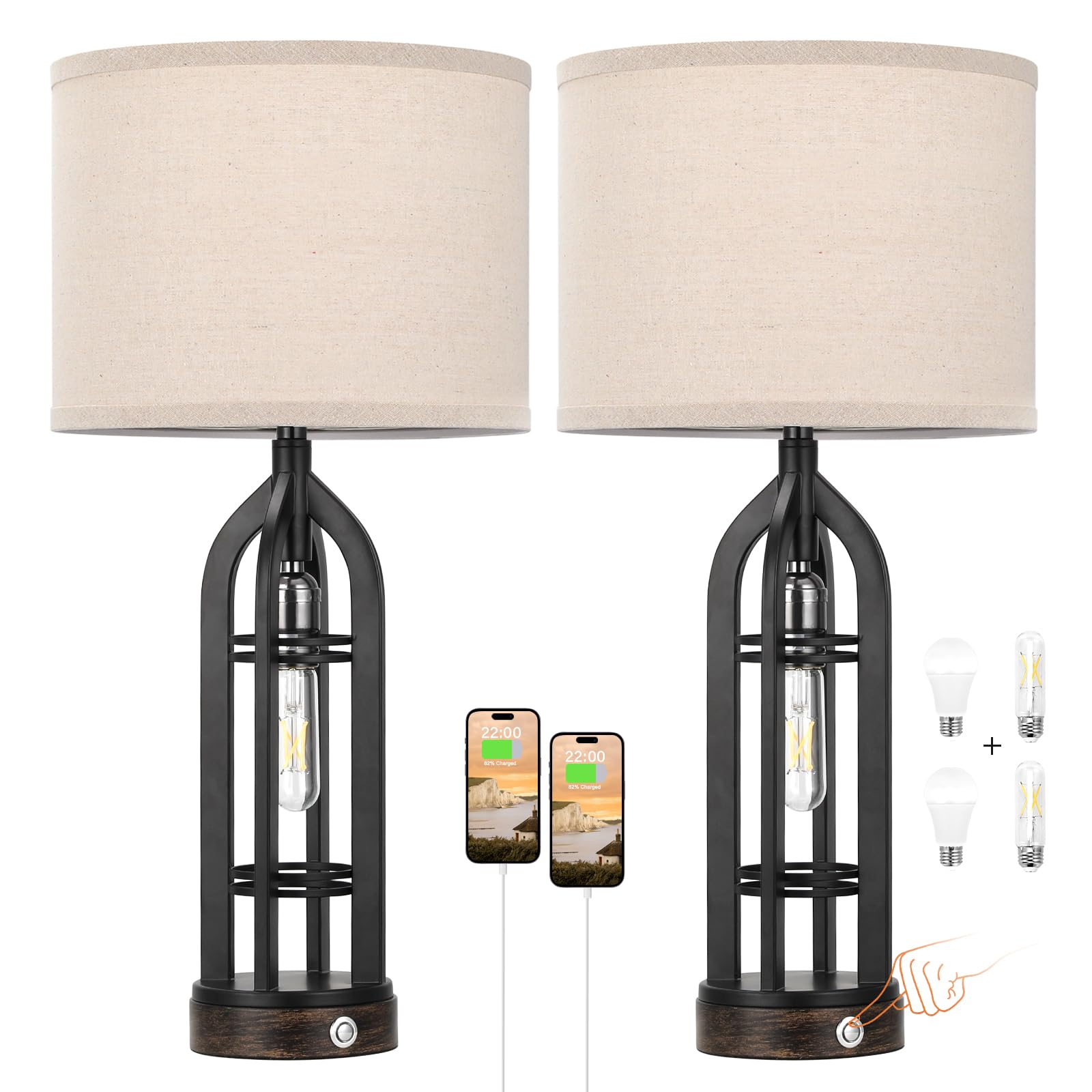 Table Lamps for Living Room Set of 2 - Black Bedside Lamp for Bedroom