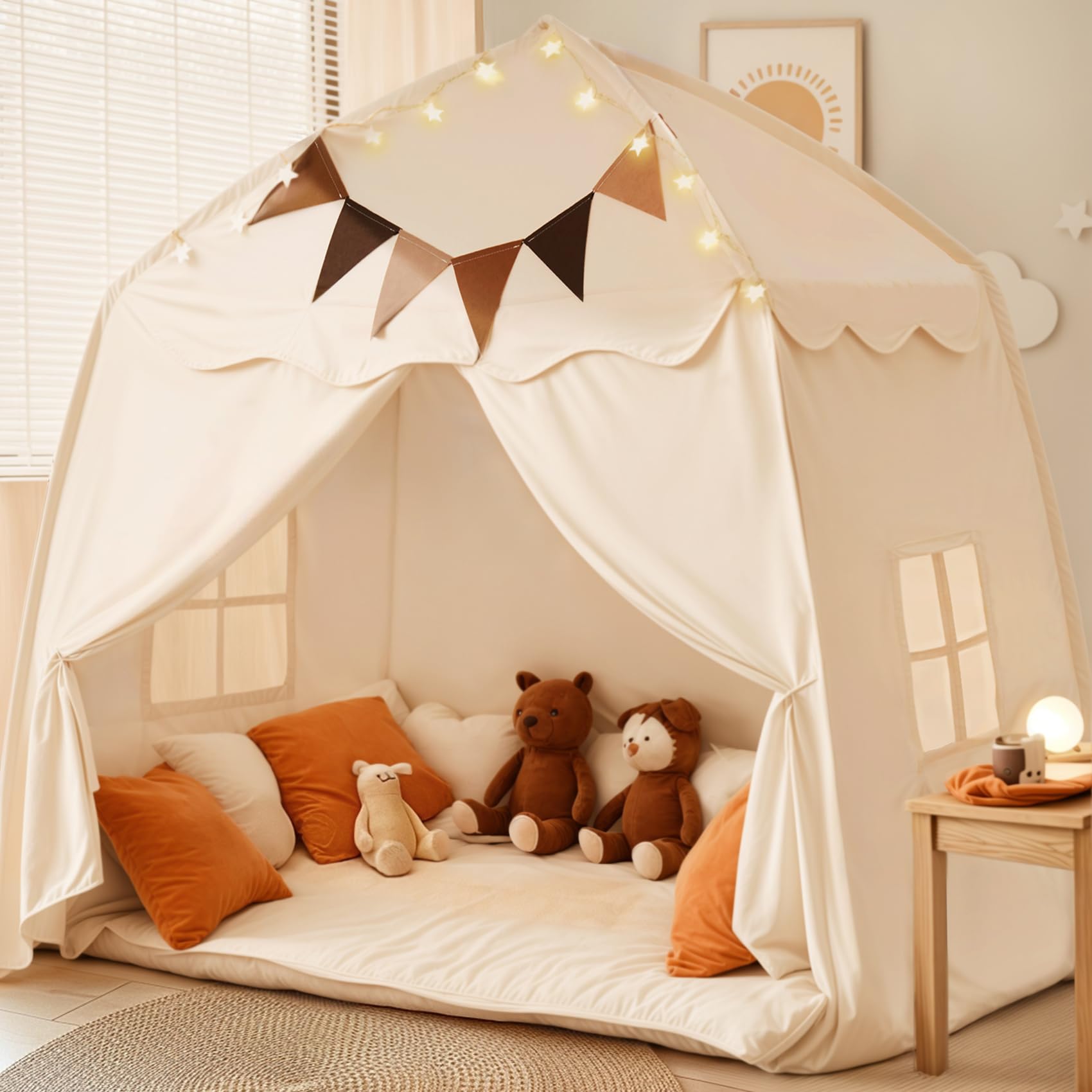 Extra Large Kids Play Tent with Flags & Star Lights, Portable & Foldable Teepee