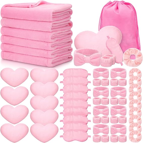 63 Pcs Spa Sleepover Party Supply Set 9 Fleece Blankets 9 Fluffy Heart