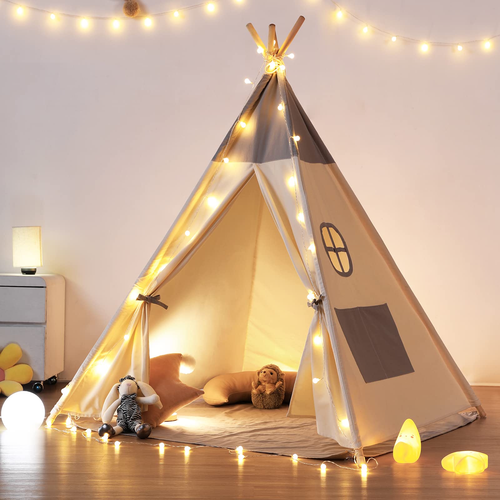 Kids Teepee Tent with LED Lights and Mat