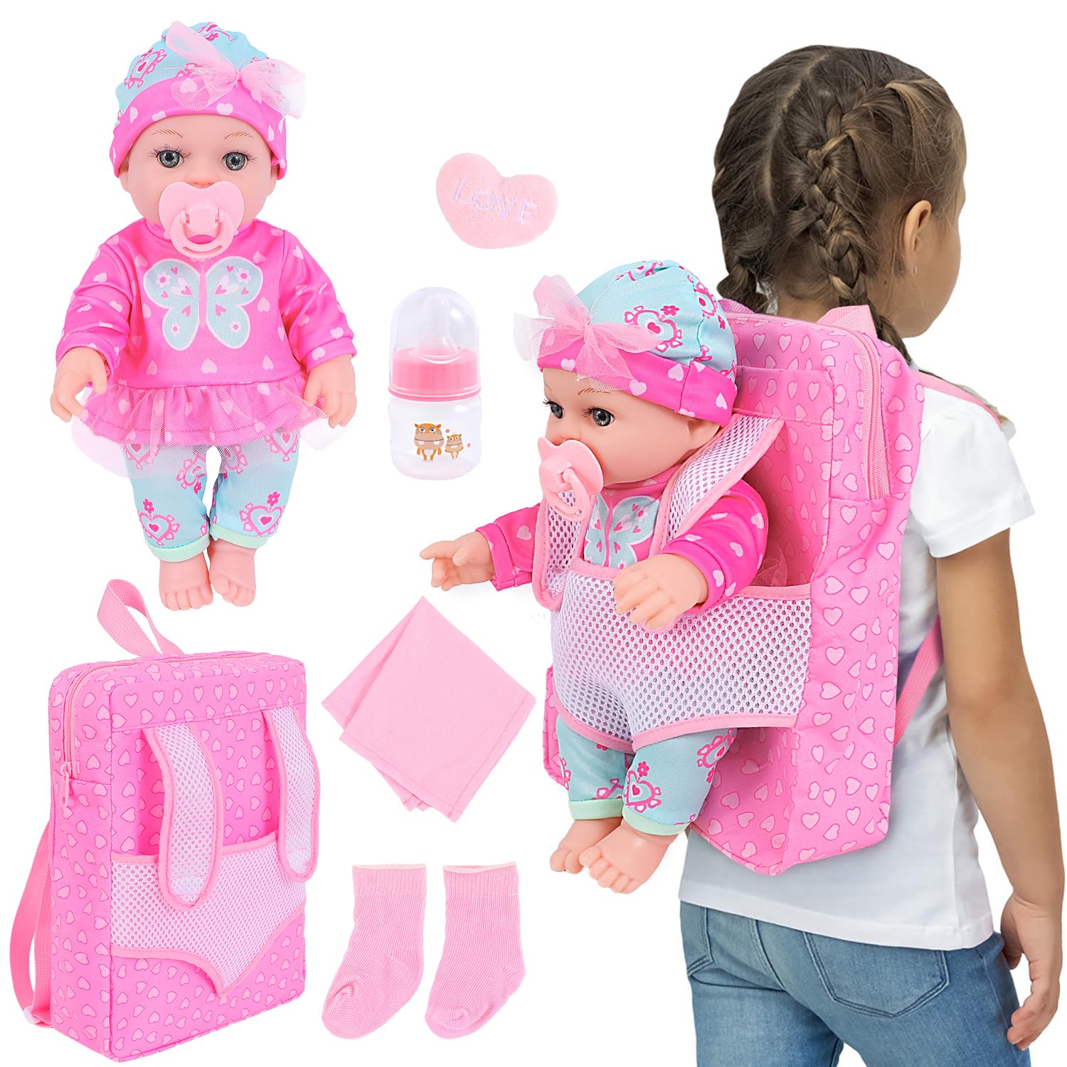 12 Inch Baby Doll with Clothes and Backpack Carrier,Reborn Baby Doll with Bottles Nipple