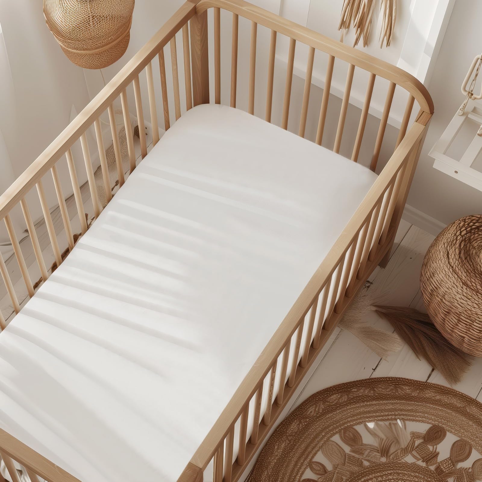 Wovenx Organic All in One Crib Sheet and Mattress Protector - Waterproof Protectors - Reusable Washable – Fits Cribs – 52”x28”- with 9” Skirt White