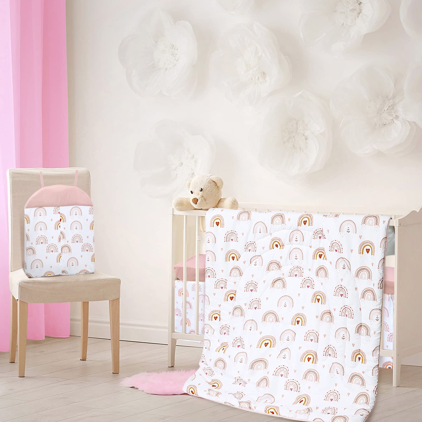 Rtteri 4 Pieces Baby Crib Bedding Set, Nursery Bedding Standard Size Soft Baby Bedding Set Including Crib Skirt, Blanket, Sheet and Diaper Stacker for Girls and Boys(Boho)