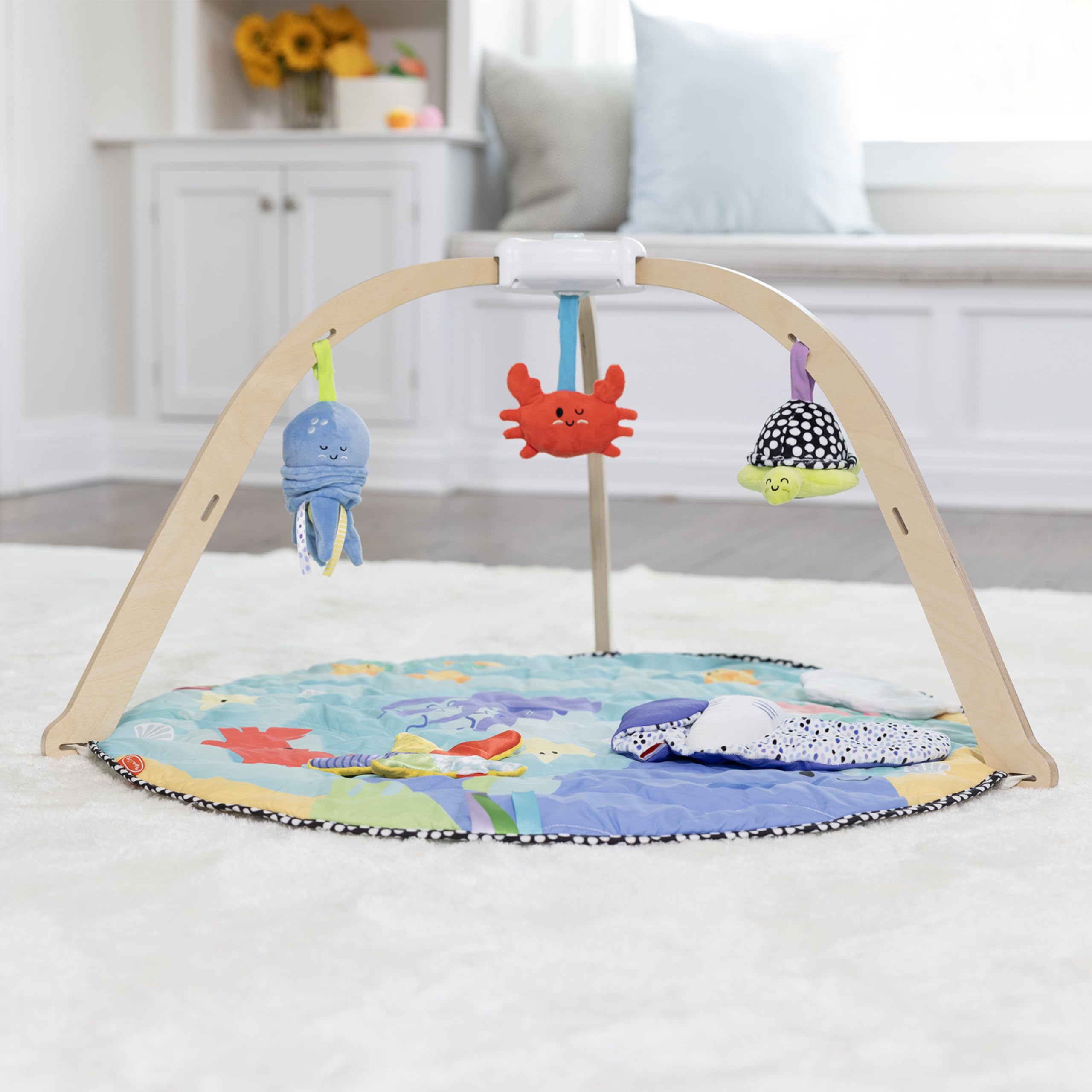 Ocean Easy-Fold Wooden Play Gym for Infants, Reversible Mat, 5 Soft Toys