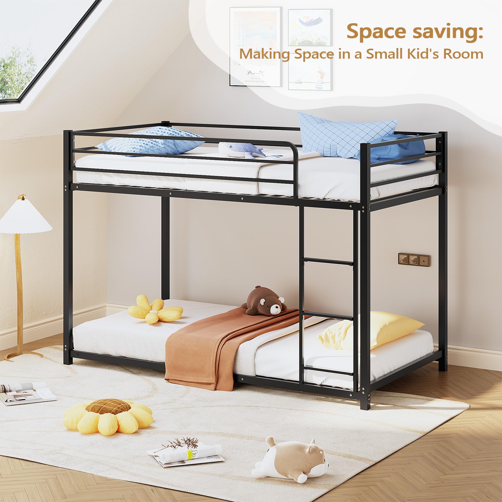 Bunk Bed Twin Over Twin, Metal Twin Size Bed Frame with Safety Guardraild