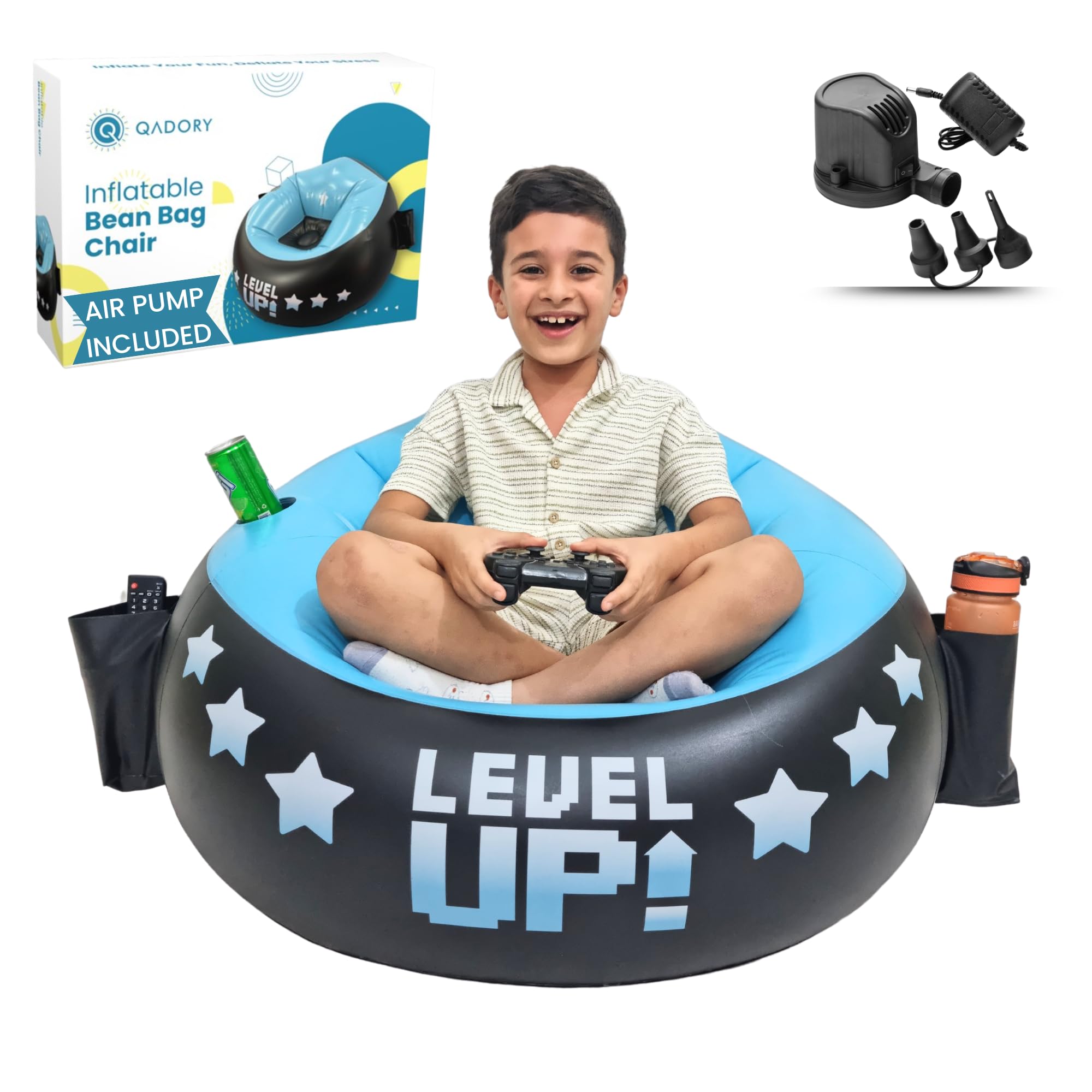 Inflatable Gaming Chair for Kids with Cup Holder and Storage Pockets