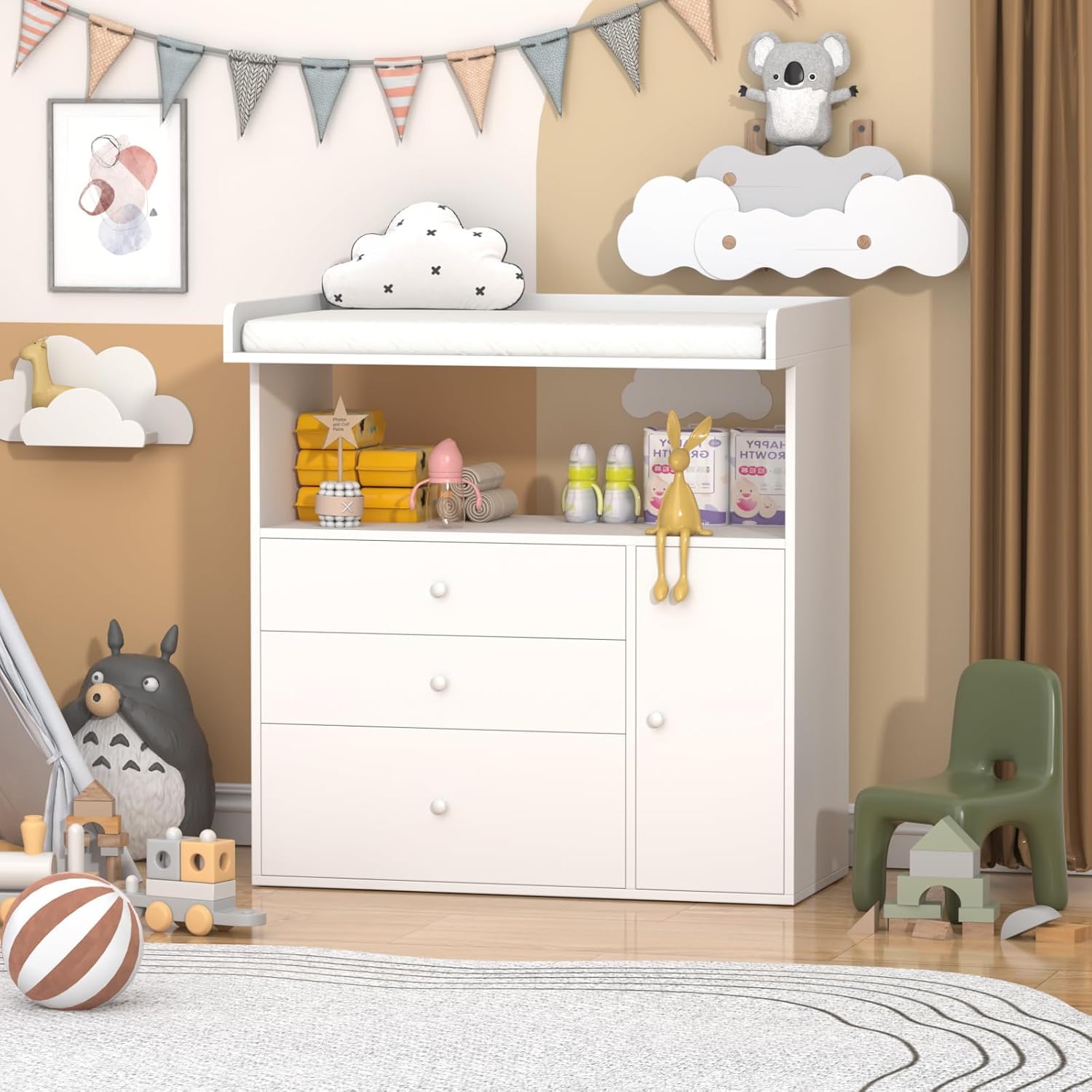 Baby Changing Table Dresser with 3 Drawers and Open Storage