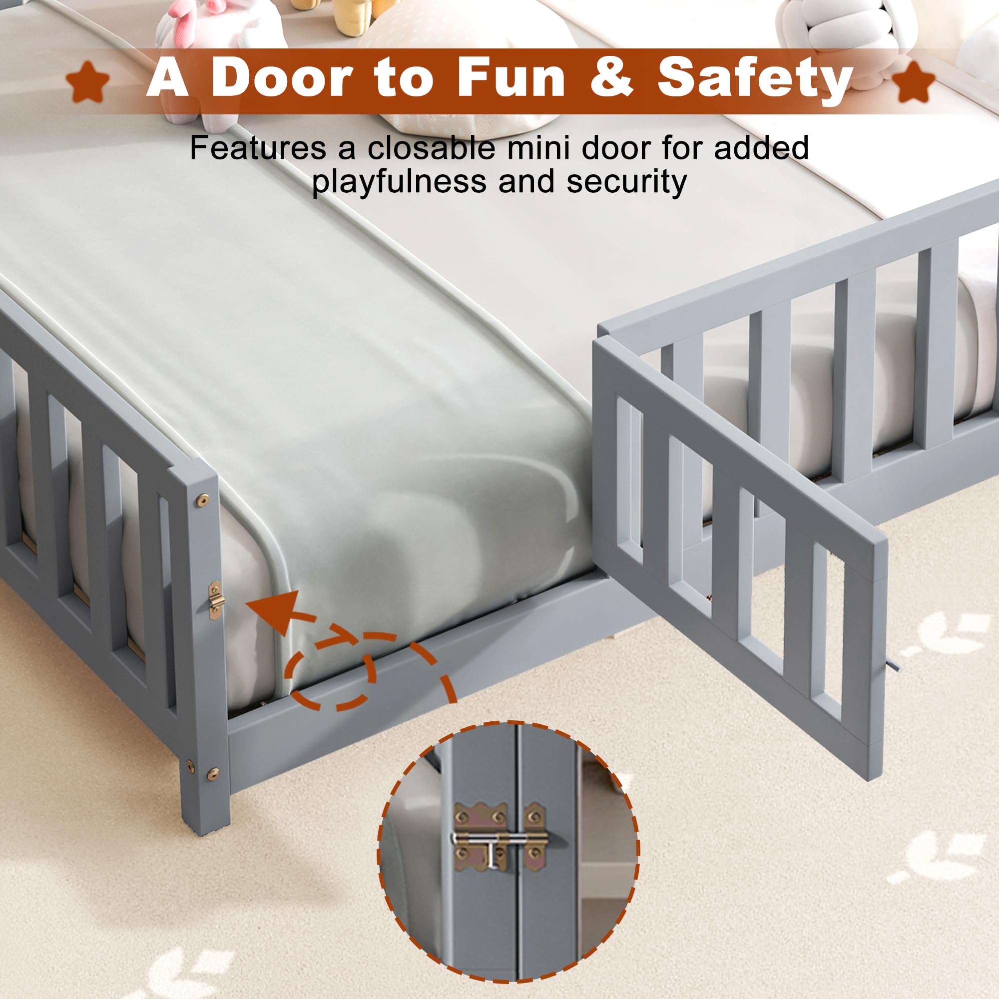Full Size Floor Bed with High Guardrails and Door