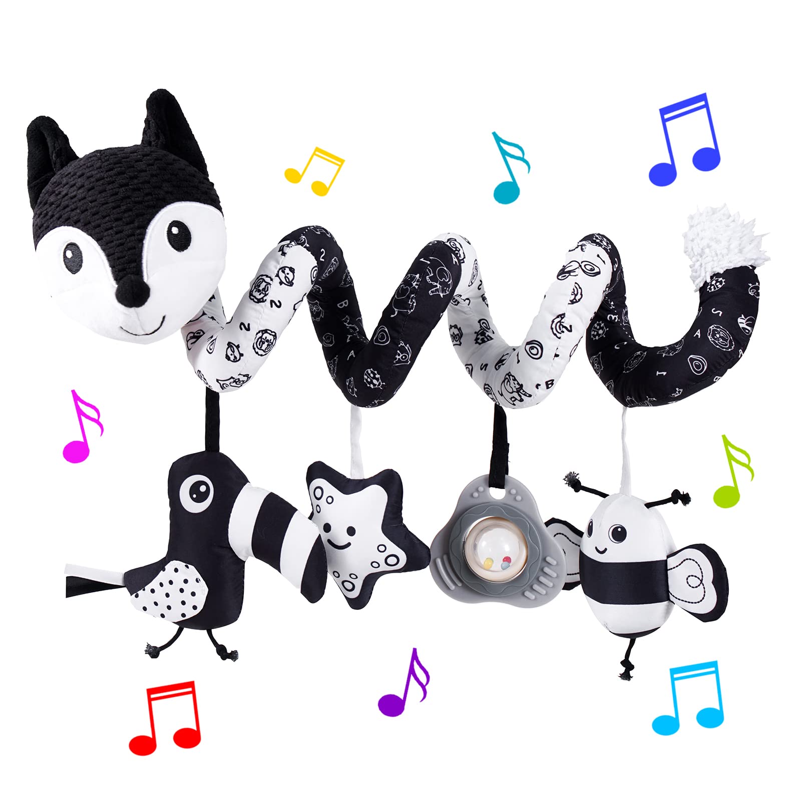 Car Seat Toys, Infant Baby Black Fox Spiral Plush Activity Hanging Toys