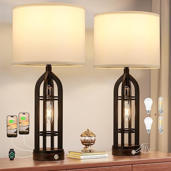 Table Lamps for Living Room Set of 2 - Black Bedside Lamp for Bedroom