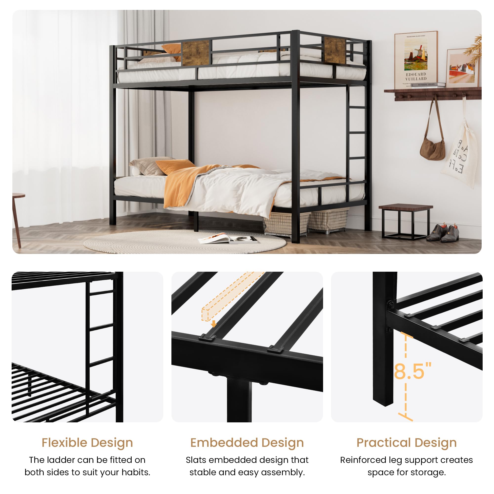 Twin Over Twin Metal Bunk Bed with Ladder and Guardrails
