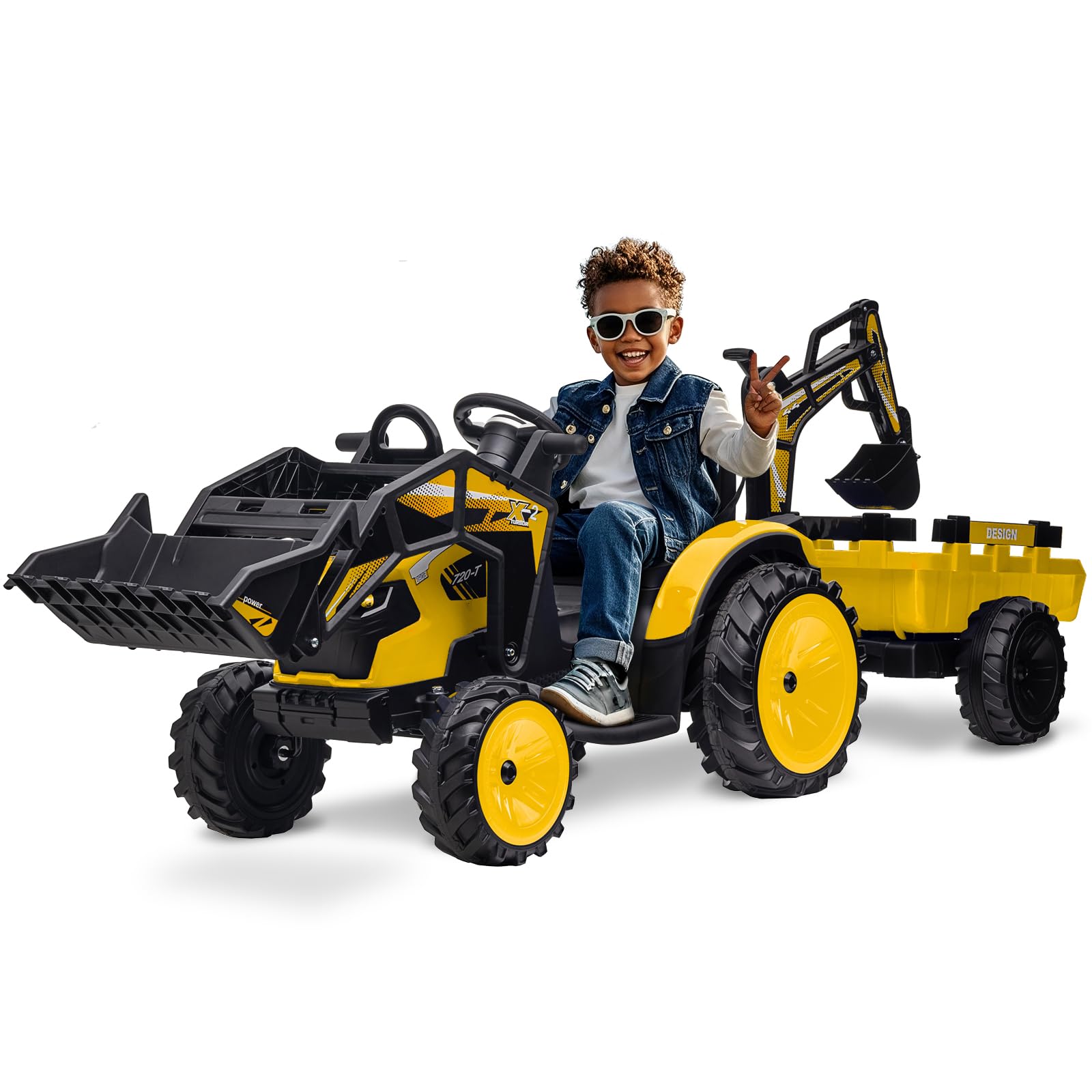24V Ride On Car Toy Excavator & Bulldozer - Battery-Powered Electric Vehicle w/Trailer