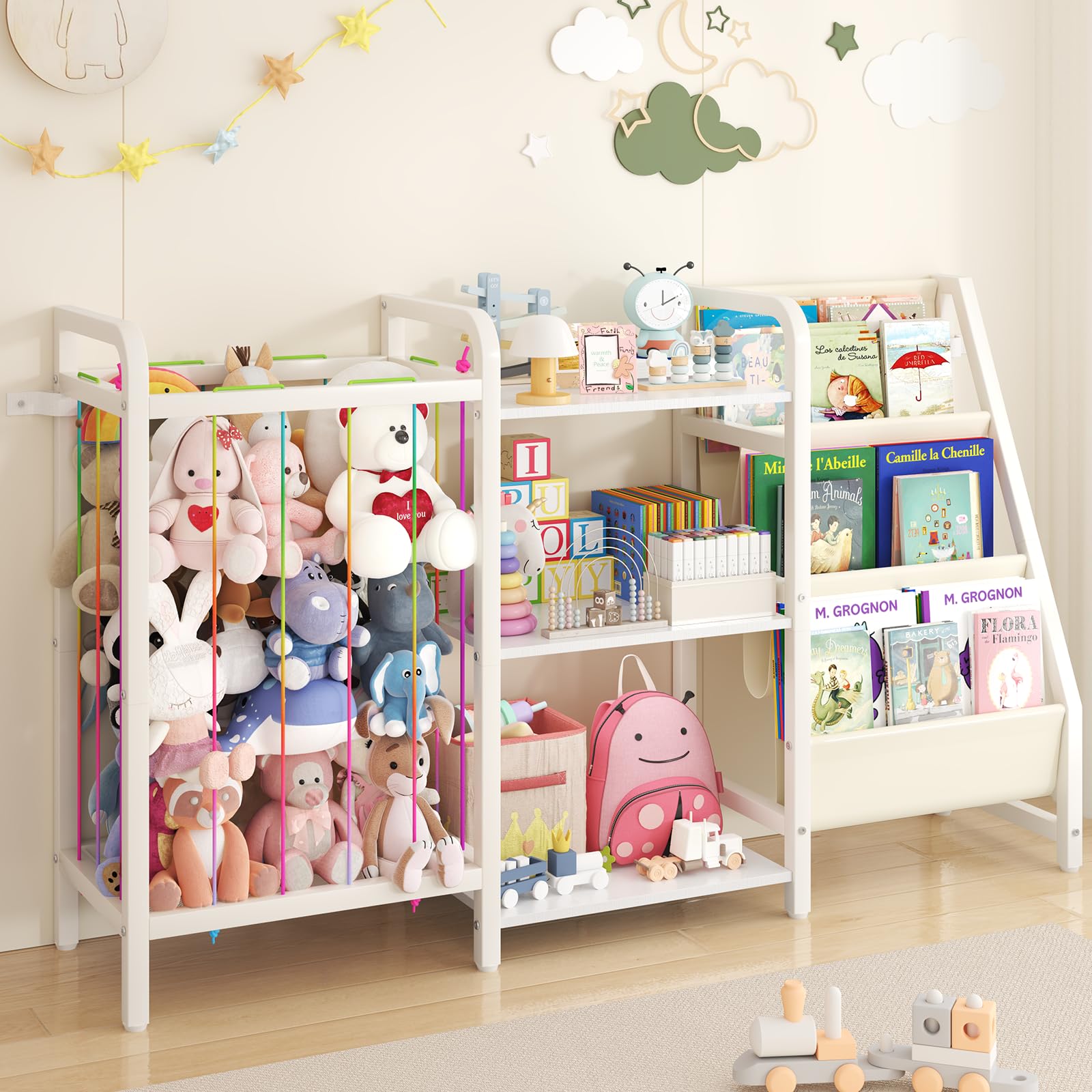 Kids Bookshelf and Toy Storage Organizer with Stuffed Animal Holder
