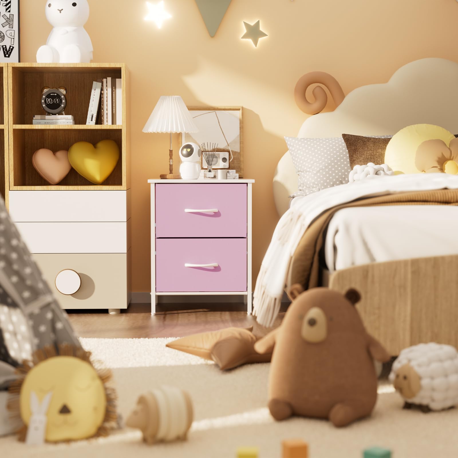 Nightstand, Kids Dresser with 2 Drawers, Steel Frame Bedside