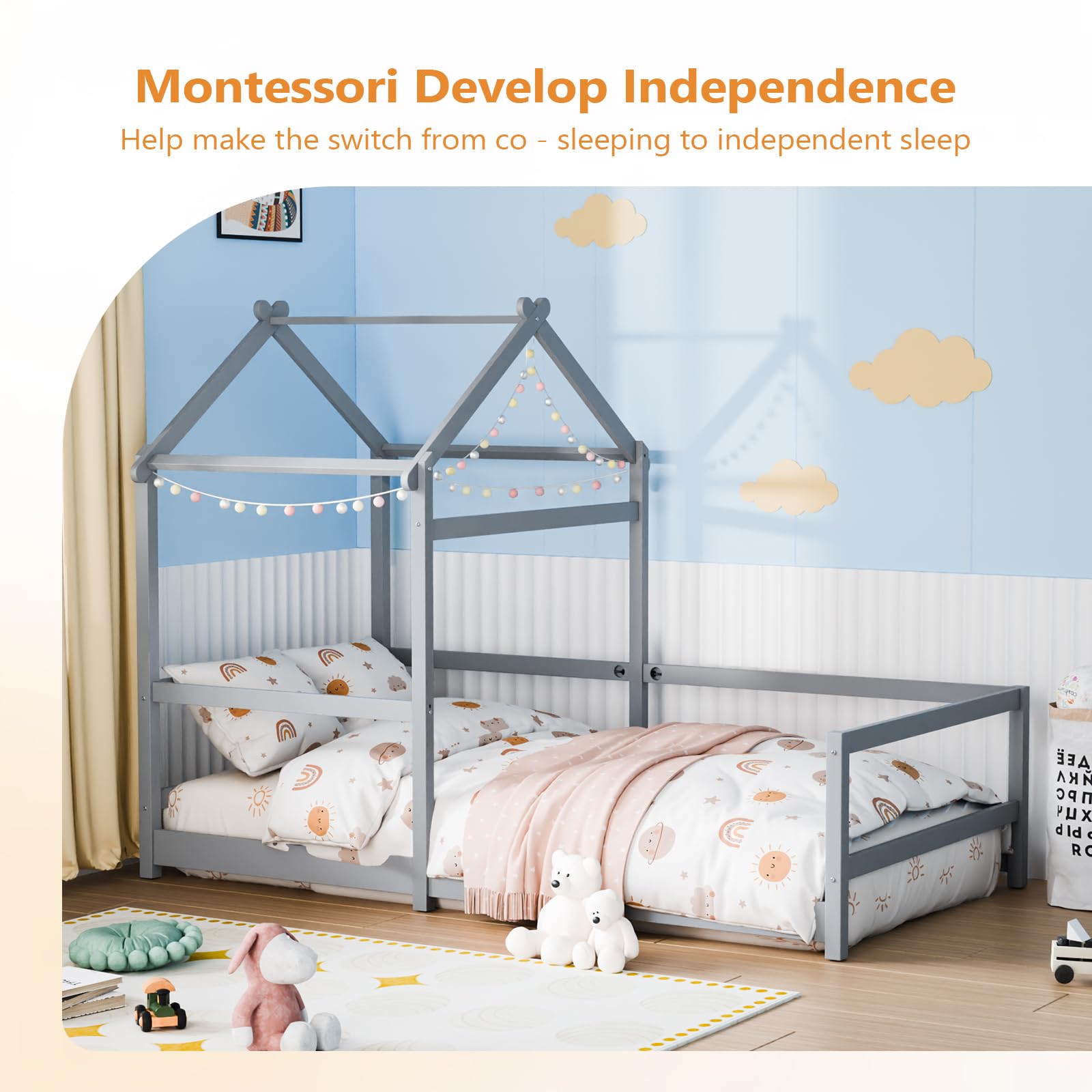 Twin House Floor Bed Frame with Roof, Wooden Montessori Bed with Safety Fence