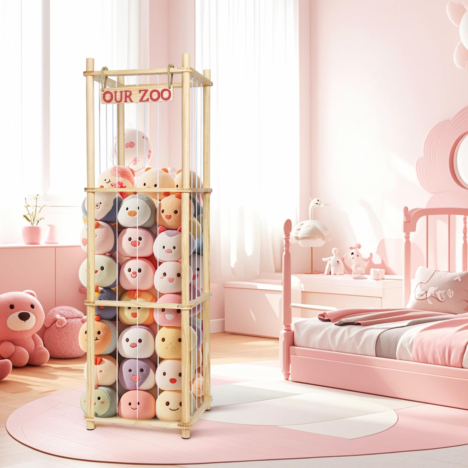 Stuffed Animal Storage - Tall Natural Pine Wood Toy Organizer
