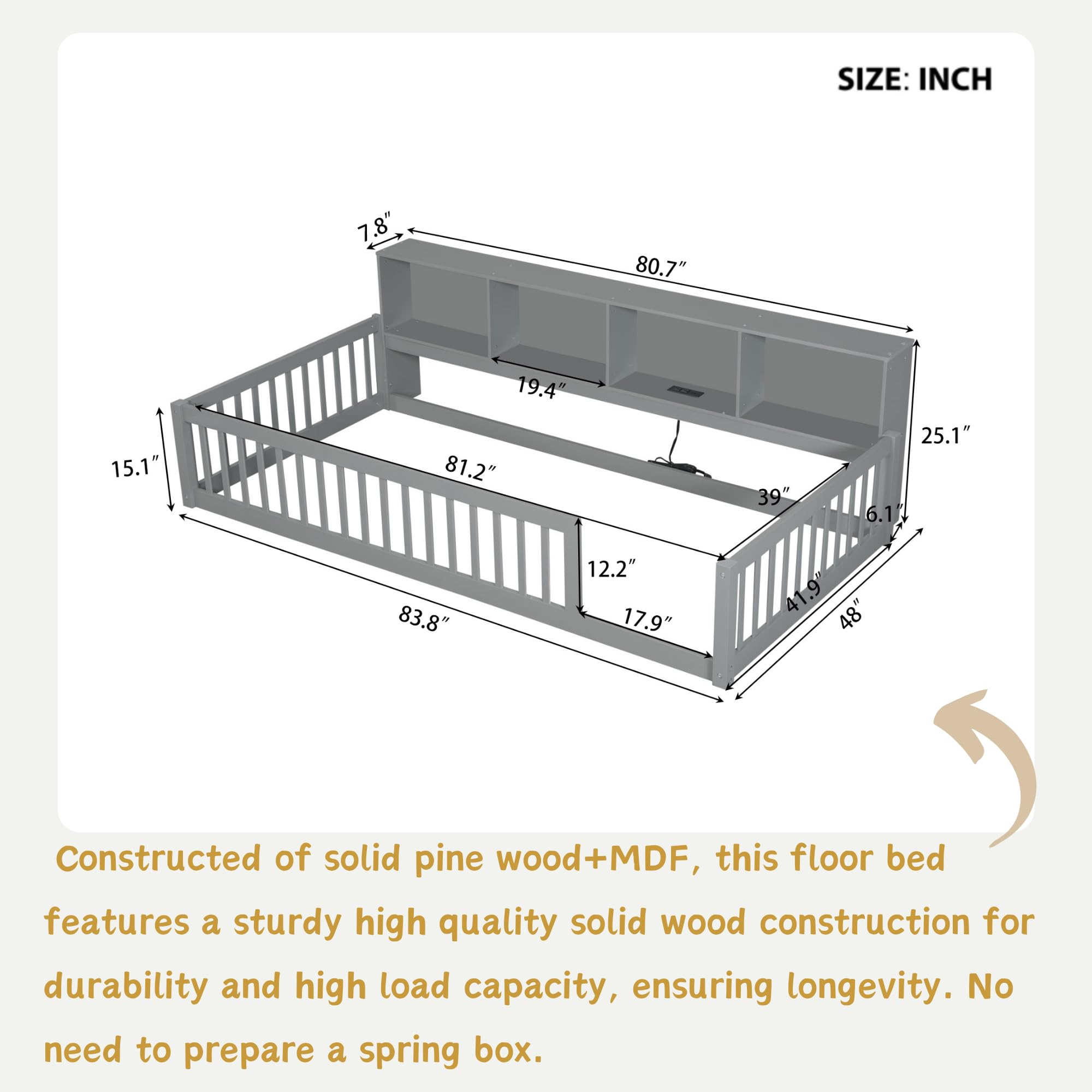Twin Floor Bed with Storage and Safety Rails for Kids