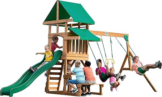 Beach Front Cedar Wood Swing Set with Wave Slide