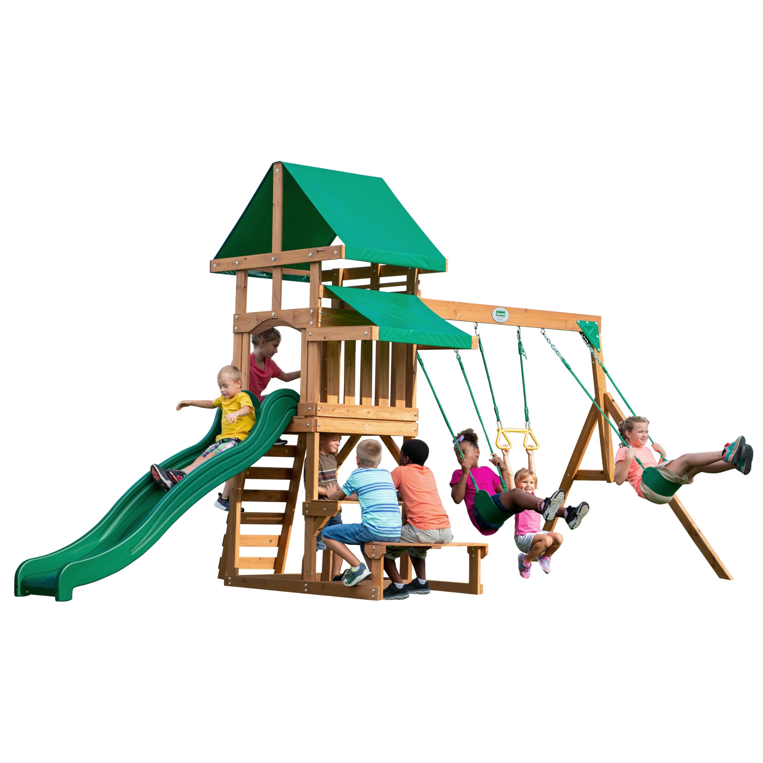 Cedar Wood Swing Set with Wave Slide and Rock Wall