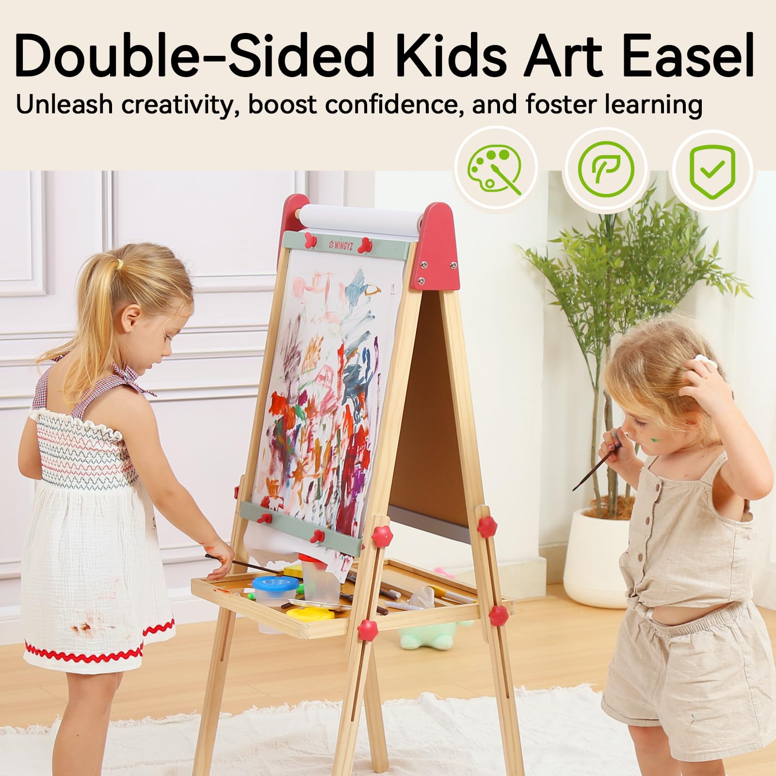 Wingyz 3-in-1 Adjustable Kids Art Easel with Magnetic Whiteboard & Chalkboard - Double-Side Wooden Drawing Board, 3 Paint Pots & Eraser - Creative Gift for Toddlers Ages 2-4, 4-8, 8-12