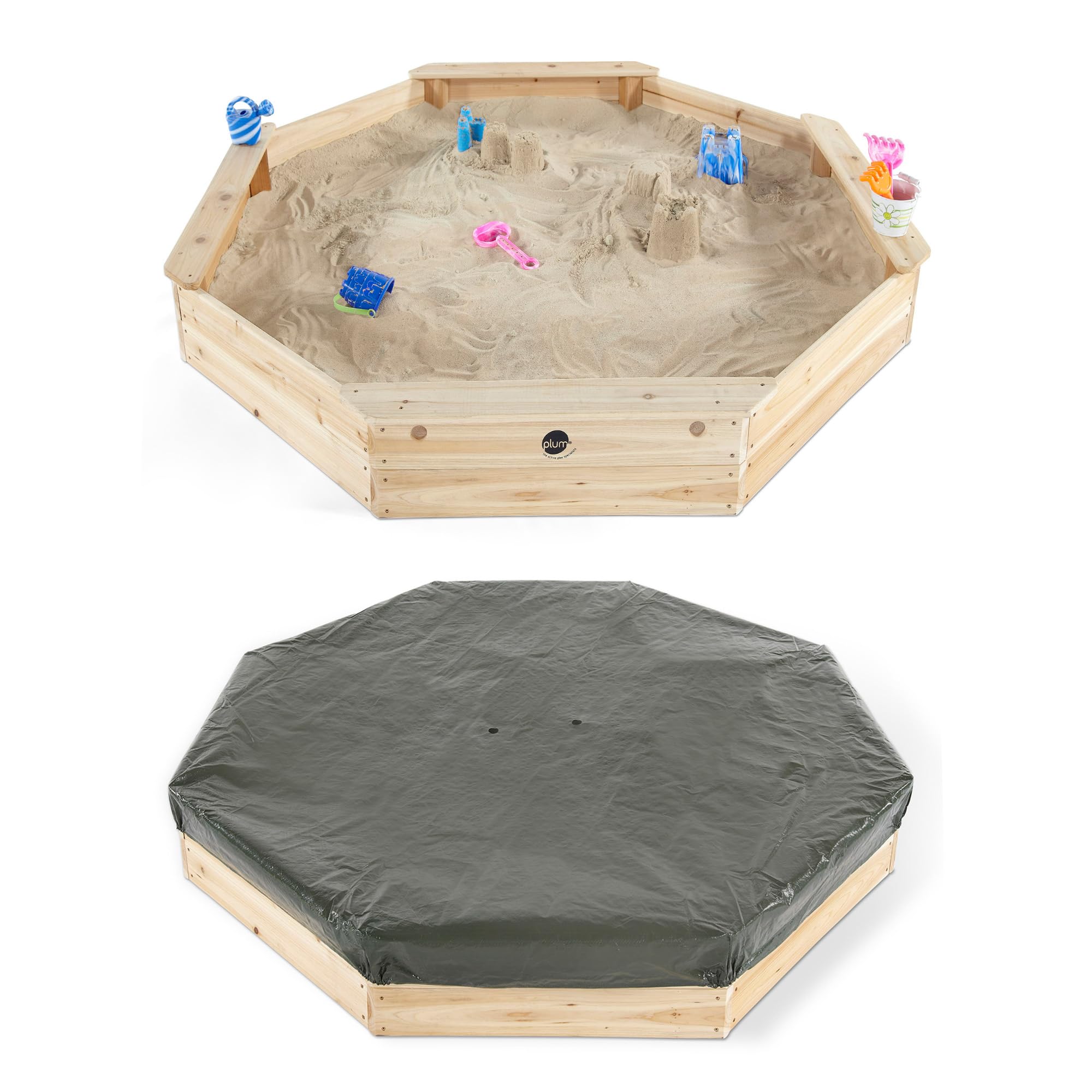 Wooden Large Sandbox with Cover - Outdoor Octagon Sand Box for Kids