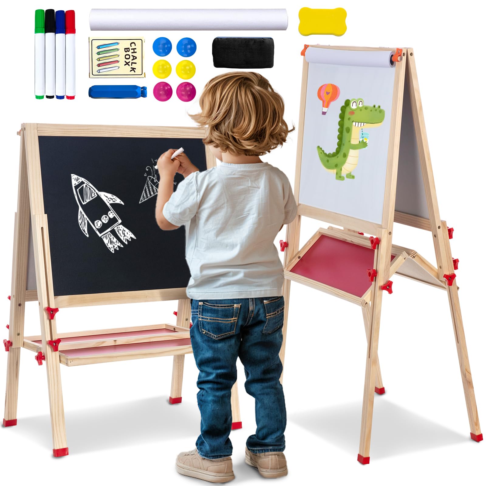Double Sided Foldable Easel for Kids Adjustable Height Wooden Art Station with Paper Roll and Accessories Ideal Gift for Toddlers Boys Girls Ages 3 4 5 6 7 8 Years Old