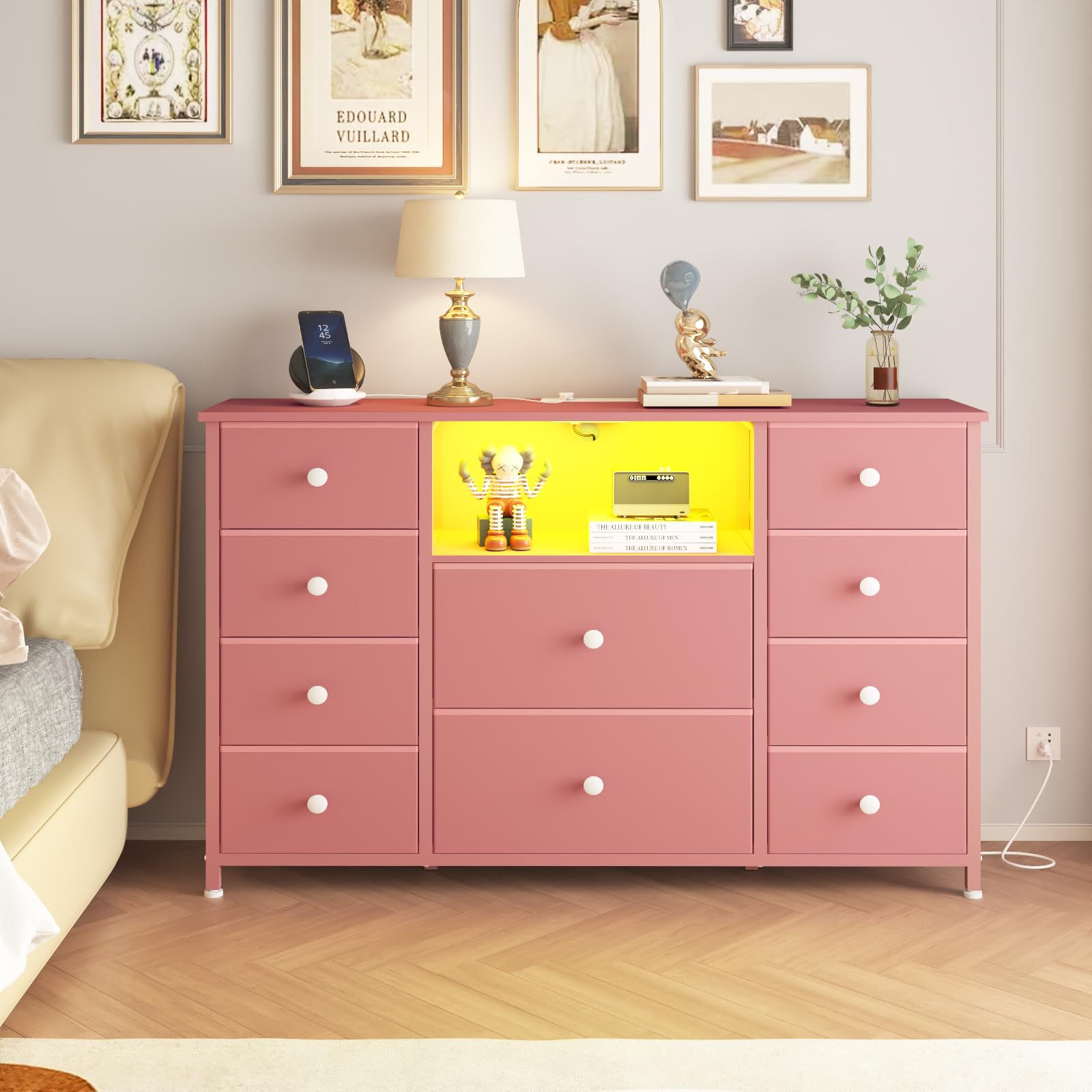 Dresser with Charging Station and LED Lights, Pink Dressers