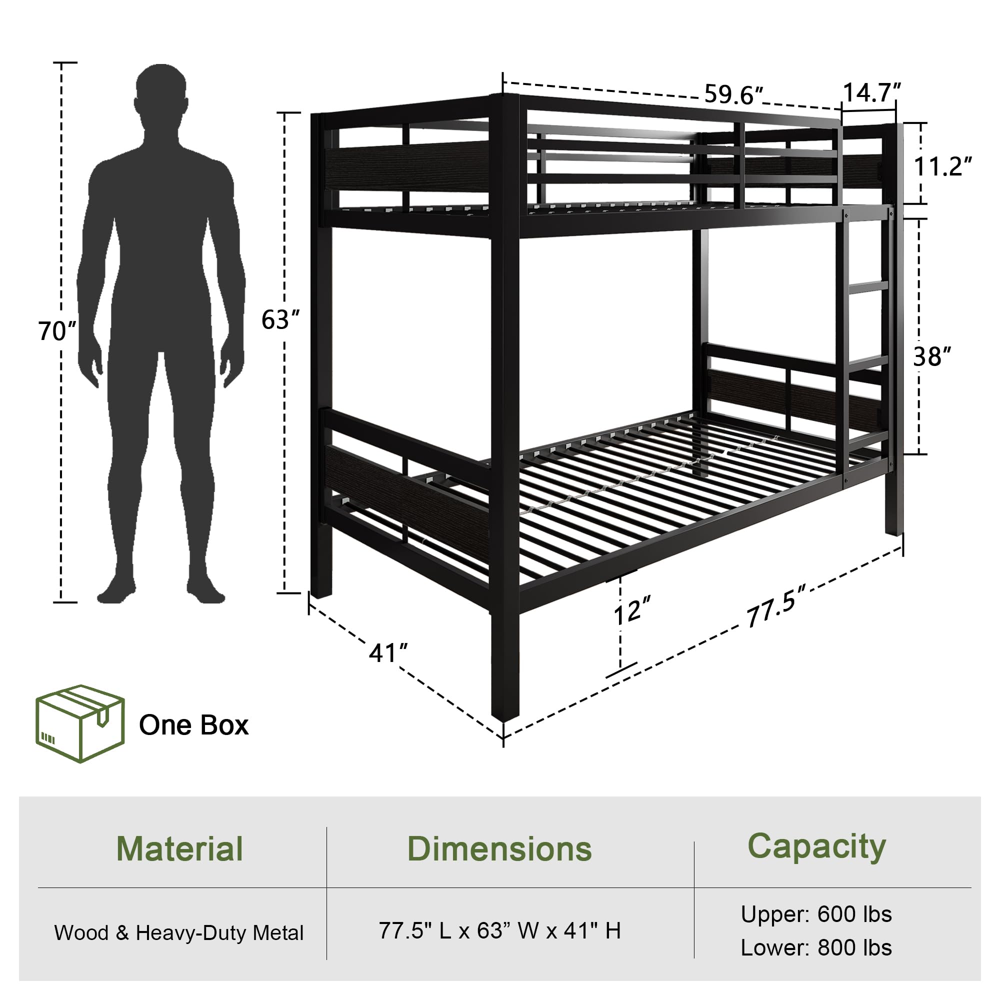 Metal Twin Over Twin Bunk Bed with Ladder and Guardrail