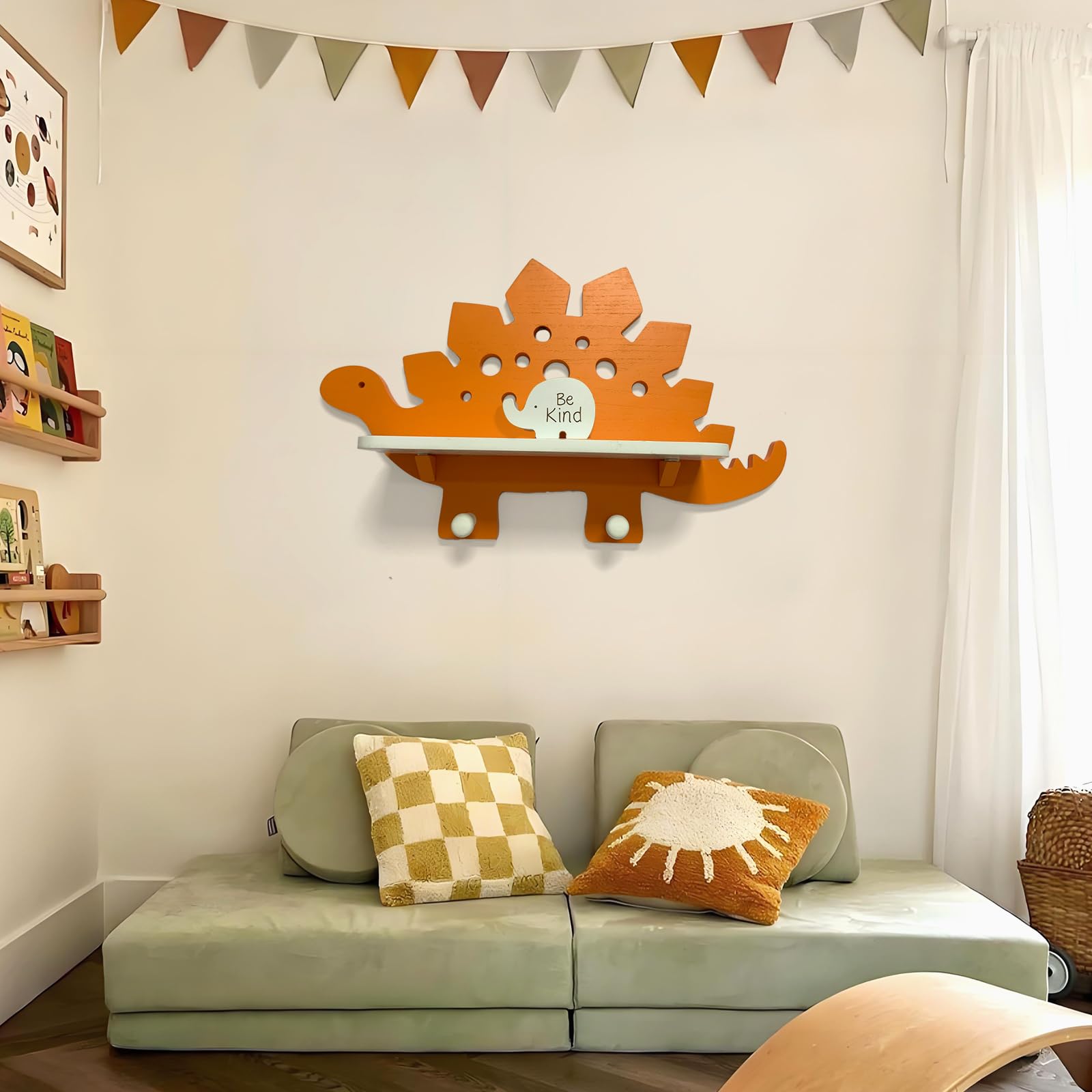 Dinosaur Wooden Wall Shelf Parlor Boudior Children's Decorative Orange Dinosaur Wall Shelf with Hanging Pegs
