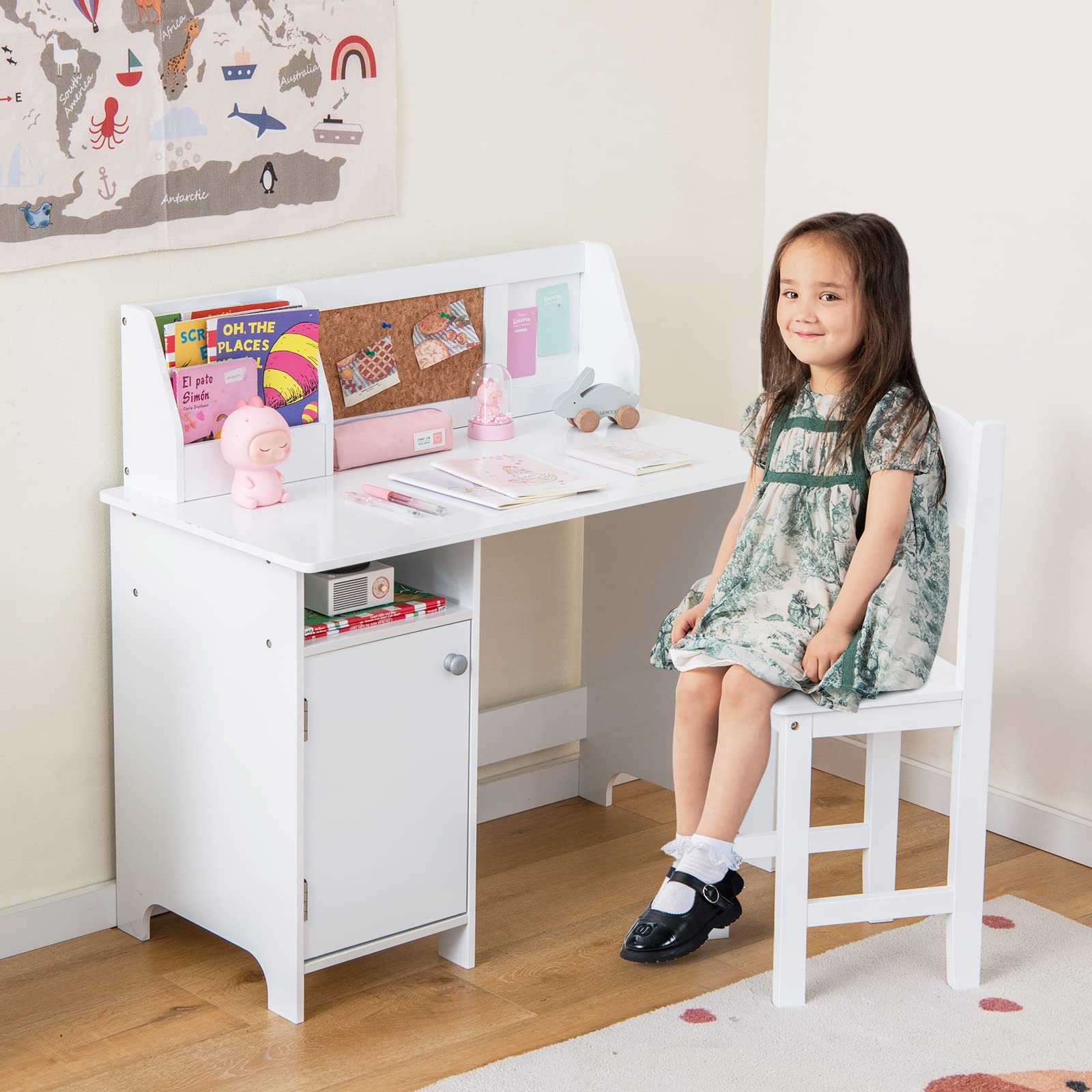 Kids Desk and Chair Set, Wooden Children Study Table with Storage