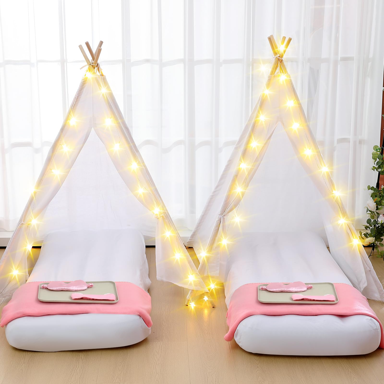 8 Pack Kids Teepee Tent Slumber Party Set with Mattress and Lights