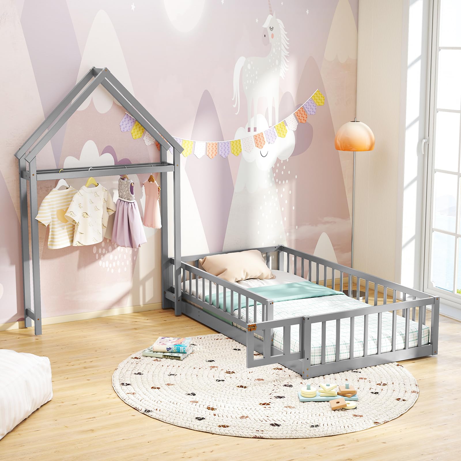 Twin House Floor Bed for Kids, Wood Montessori Bed Frame