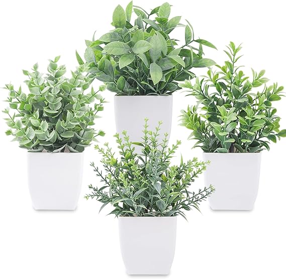 4 Pack Fake Plants Mini Artificial Greenery Potted Plants for Home