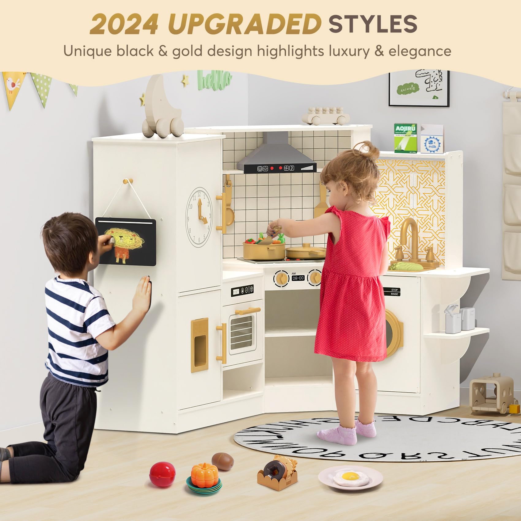Wooden Play Kitchen with Lights and Sounds for Kids