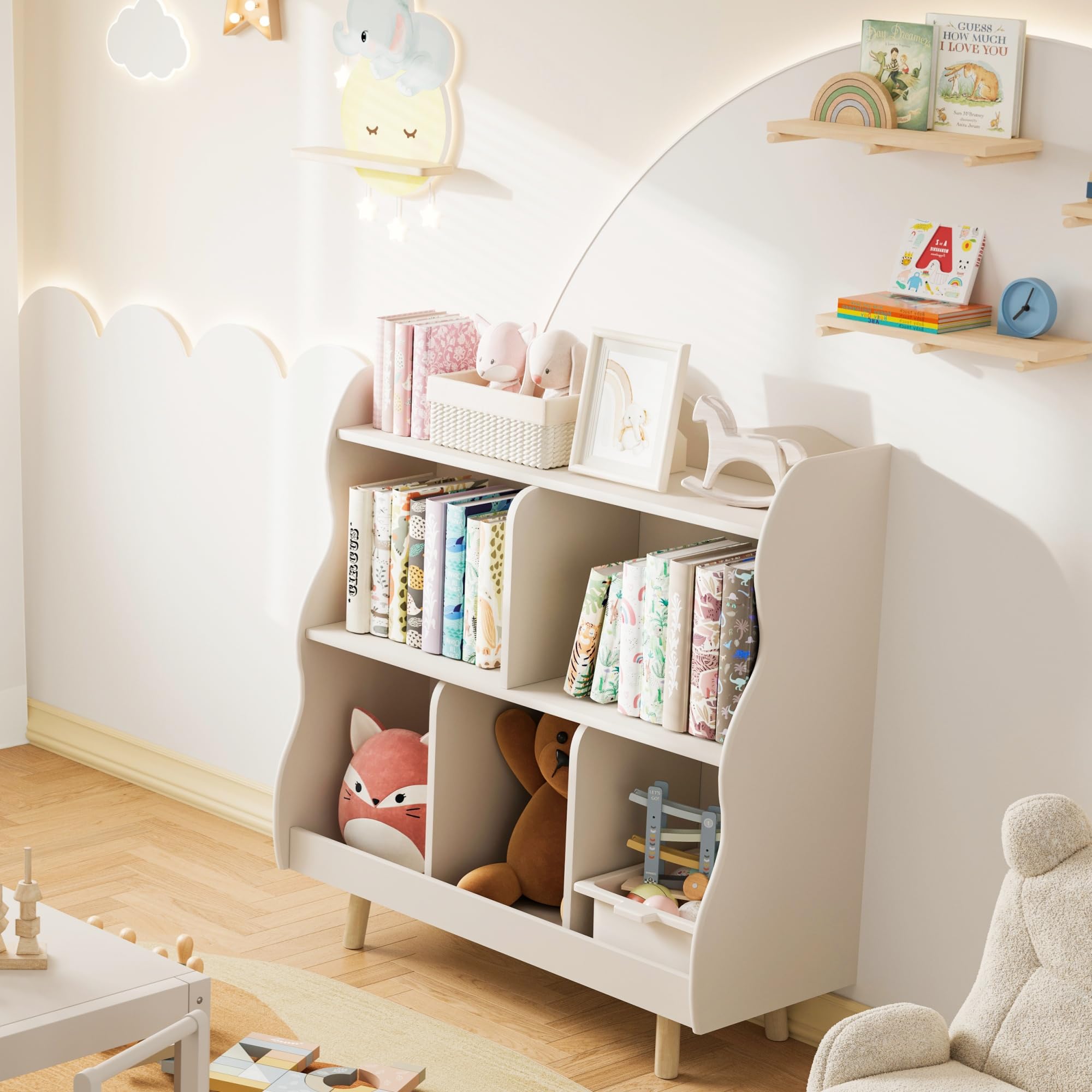 Kids Bookshelf and Toy Storage Organizer with Curved Design