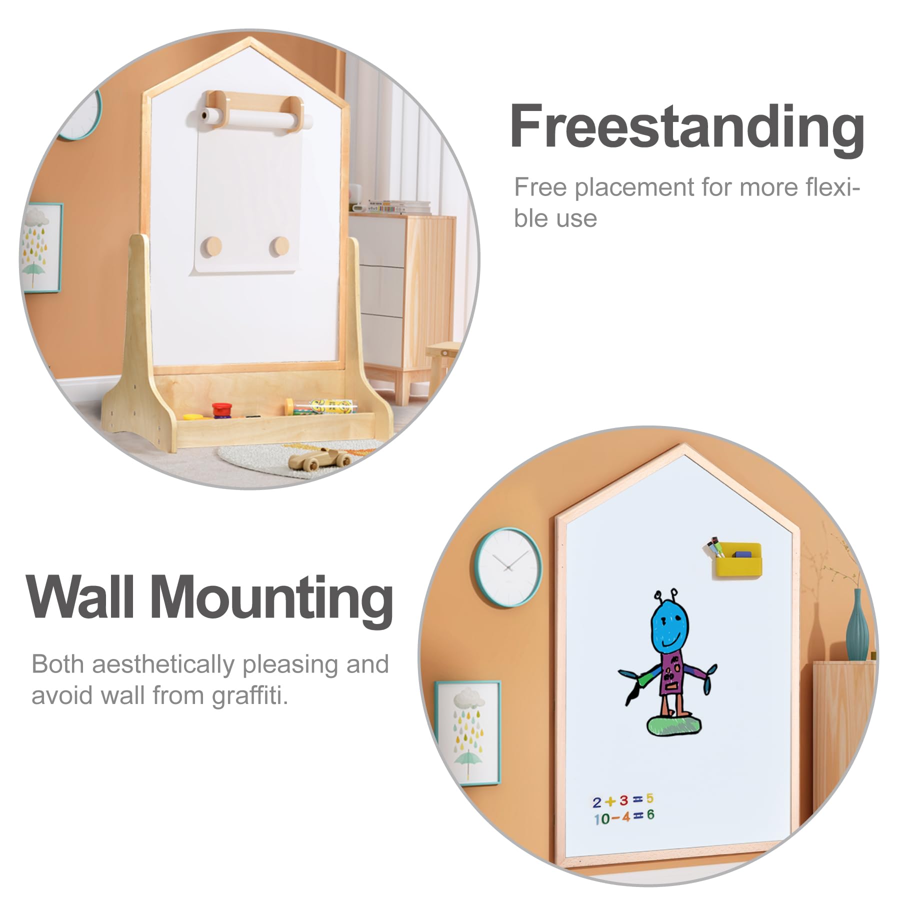 House Design Double-Sided Magnetic Drawing Board w/Detachable Roller and Bi-Storage Frame Holder for Kids, Extra Large Art Easel for Toddlers Boys and Girls Gift (Wall Mountable)