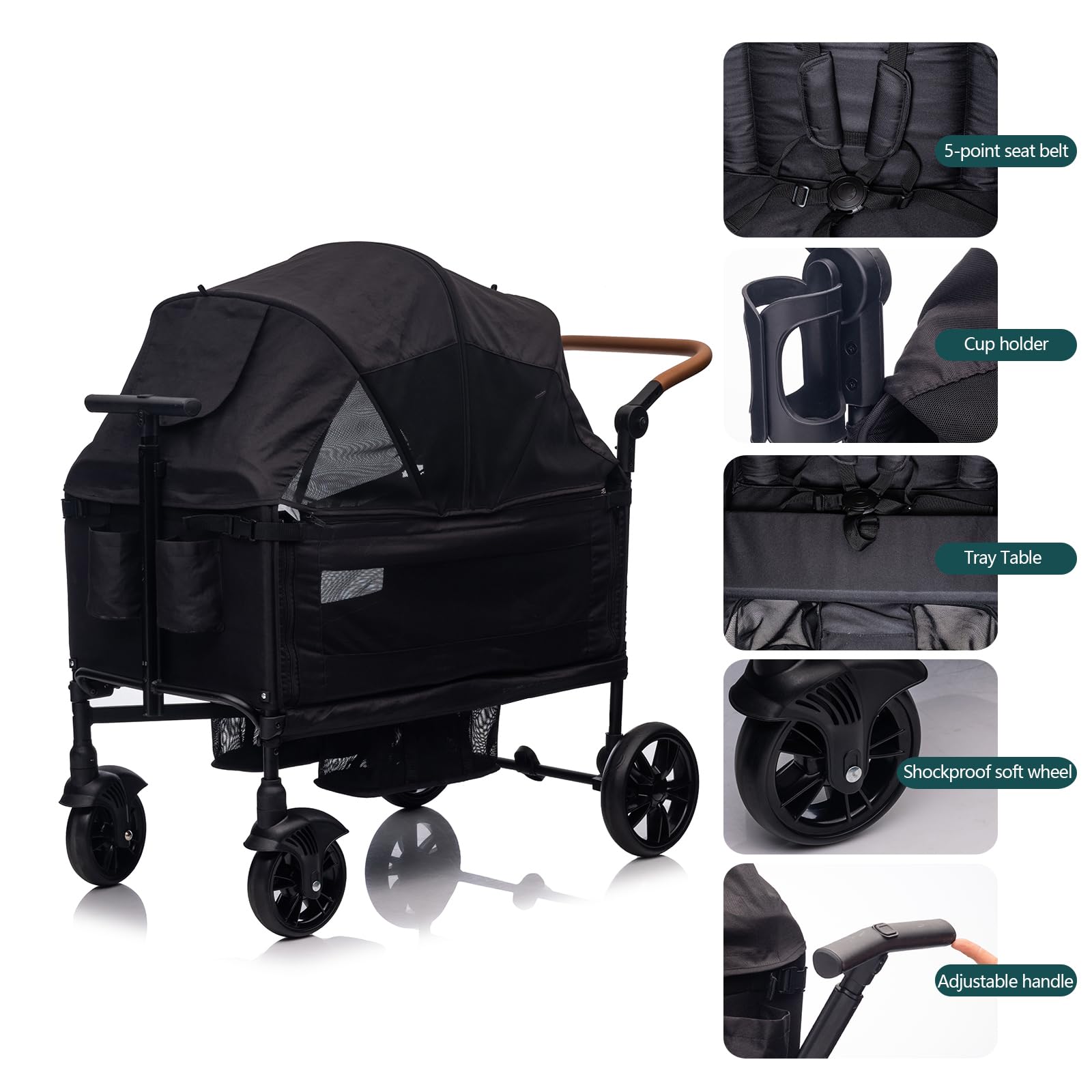 SPWVIP Stroller Wagon for 2 Kids- Lightweight Travel Folding Push Pull Baby Wagon for Newborn&Toddler with 5-Point Harness,Adjustable Canopy,Tray Table,Cup Holder,Storage Pocketsets
